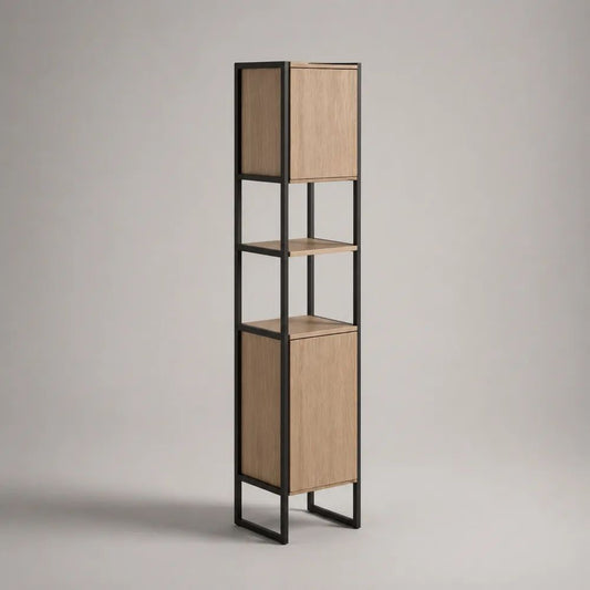 Mobile colonna bagno in legno e acciaio nero con 2 ante e 2 ripiani, 35 x 30 x 170 cm