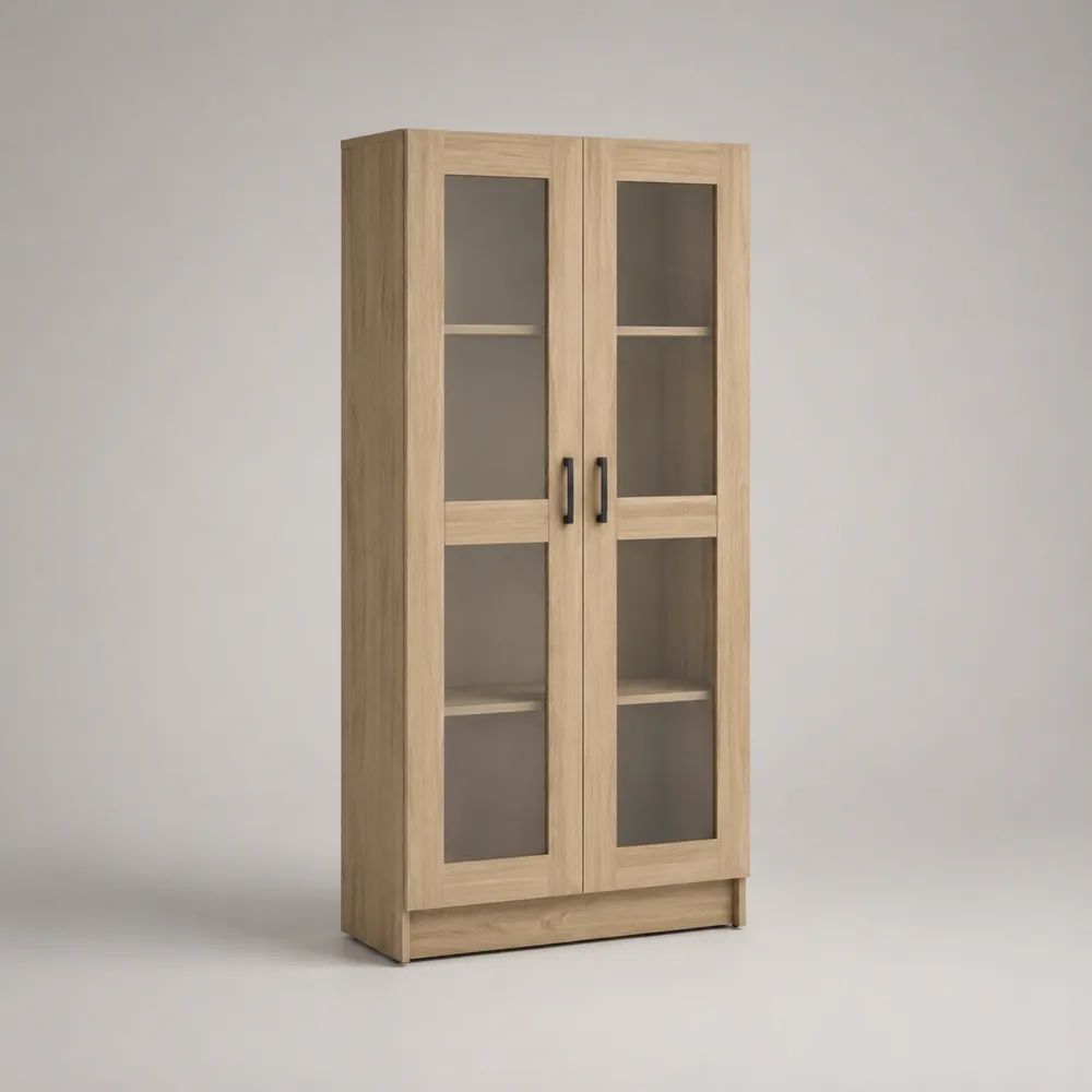 Vetrina a 2 ante in pannello truciolare e vetro temperato, rovere chiaro, 80 x 35 x 180 cm