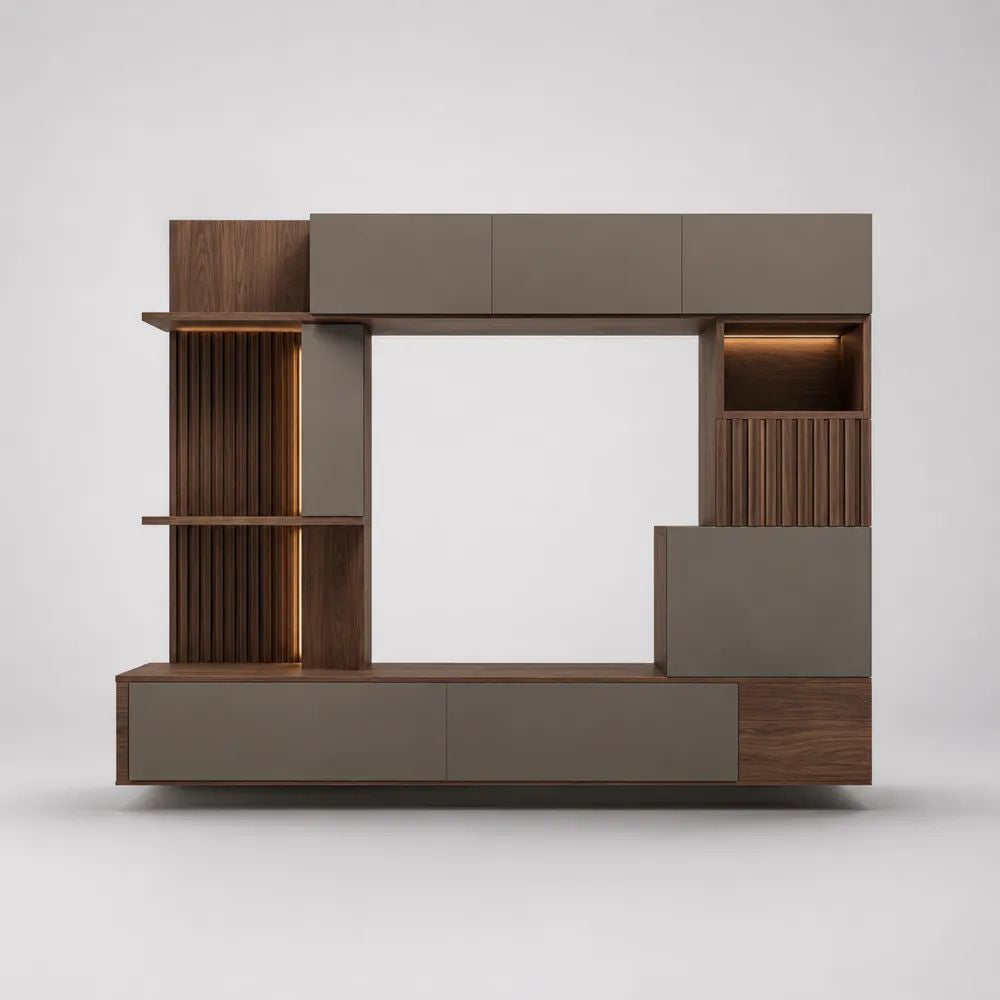 Parete attrezzata porta TV componibile sospesa in MDF melaminico marrone noce e tortora, 260 x 42 x 200 cm