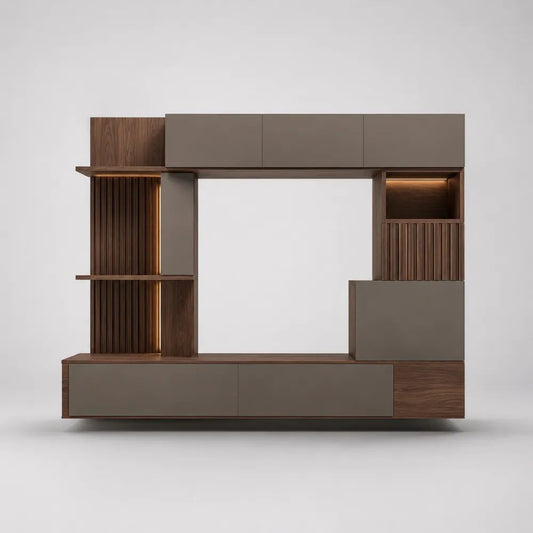 Parete attrezzata porta TV componibile sospesa in MDF melaminico marrone noce e tortora, 260 x 42 x 200 cm